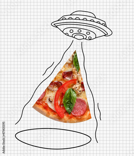 Contemporary art collage of UFO, flying saucer with pizza slice isolated over white background photo