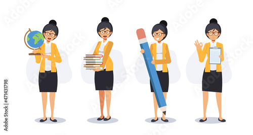 Set of female teacher, smile happy teacher in various gesture, teaching , ok hand.Flat vector 2d cartoon character illustration.
