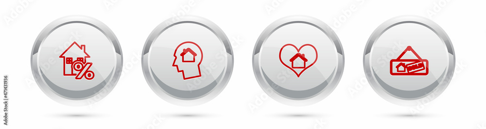 Set line House with percant, Man dreaming about buying house, heart shape and Hanging sign Sold. Silver circle button. Vector Set line House with percant, Man dreaming about buying house, heart shape and Hanging sign Sold. Silver circle button. Vector