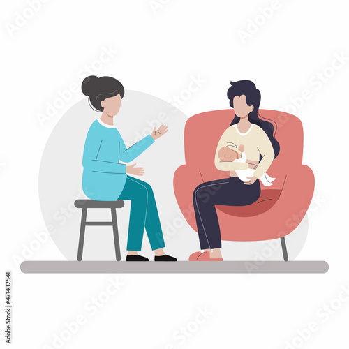 Breastfeeding consultant. Woman is sitting in chair and breastfeeding baby. Mom and infant. Interior of apartment.