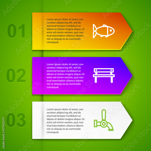 Set line Fish, Bench, Beer tap and Alcohol or beer bar location. Business infographic template. Vector