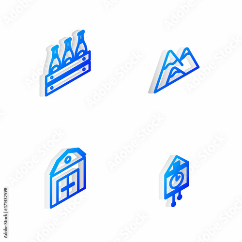 Set Isometric line Mountains, Pack of beer bottles, Farm House and Retro wall watch icon. Vector