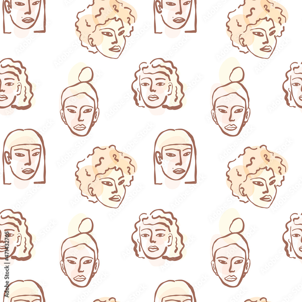 Contemporary abstract women portraits seamless pattern with various line art ethnics faces and pastel shapes. Contemporary abstract women portraits seamless pattern with various line art ethnics faces and pastel shapes.