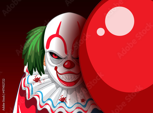 Creepy clown face peeking out from behind balloon