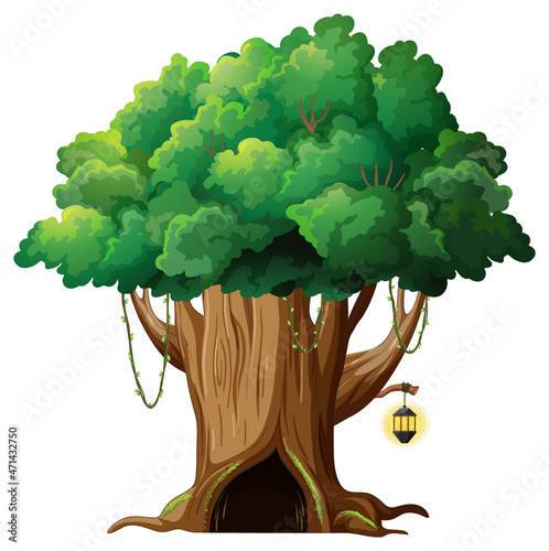 Fantasy tree house inside tree trunk on white background
