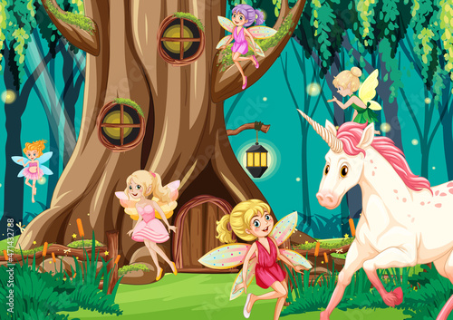 Fantasy forest with cute fairies