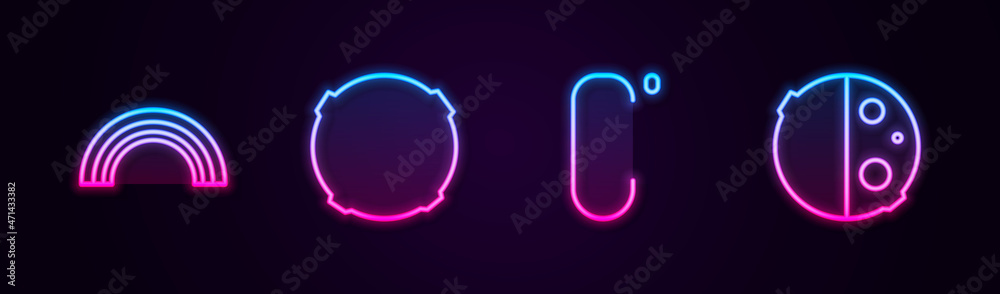 Set line Rainbow, Moon, Celsius and Eclipse of the sun. Glowing neon icon. Vector Set line Rainbow, Moon, Celsius and Eclipse of the sun. Glowing neon icon. Vector