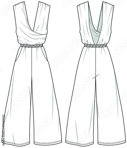 Back Open Crossover V-cowl Neck Palazzo Jumpsuit Front and Back View. Fashion Illustration, Vector, CAD, Technical Drawing, Flat Drawing.
