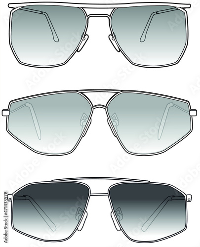 Glasses, Shades, Sunglasses Set, Eye Accessory. Vector, Silhouettes, Illustration, CAD, Technical Drawing, Flat Drawing.