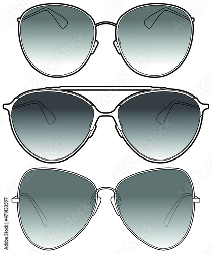 Glasses, Shades, Sunglasses Set, Eye Accessory. Vector, Silhouettes,  Illustration, CAD, Technical Drawing, Flat Drawing.