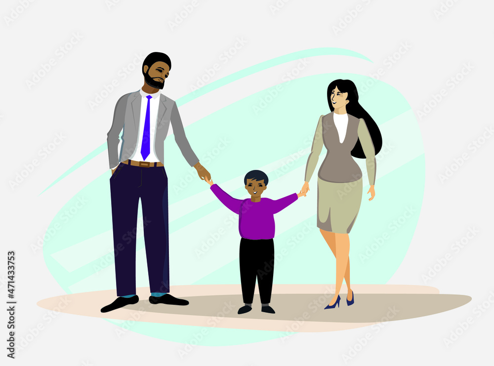 Father, mother and son holding hands - a happy international family. Vector illustration. Father, mother and son holding hands - a happy international family. Vector illustration.