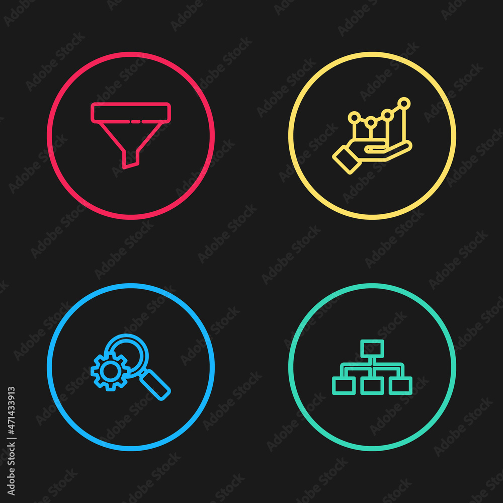Set line Magnifying glass and gear, Hierarchy organogram chart, Pie infographic and Sales funnel icon. Vector Set line Magnifying glass and gear, Hierarchy organogram chart, Pie infographic and Sales funnel icon. Vector