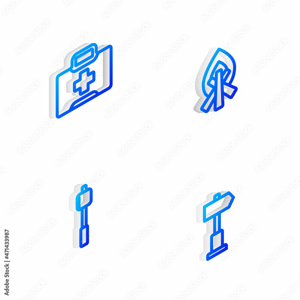 Set Isometric line Campfire, First aid kit, Marshmallow on stick and Road traffic signpost icon. Vector Set Isometric line Campfire, First aid kit, Marshmallow on stick and Road traffic signpost icon. Vector
