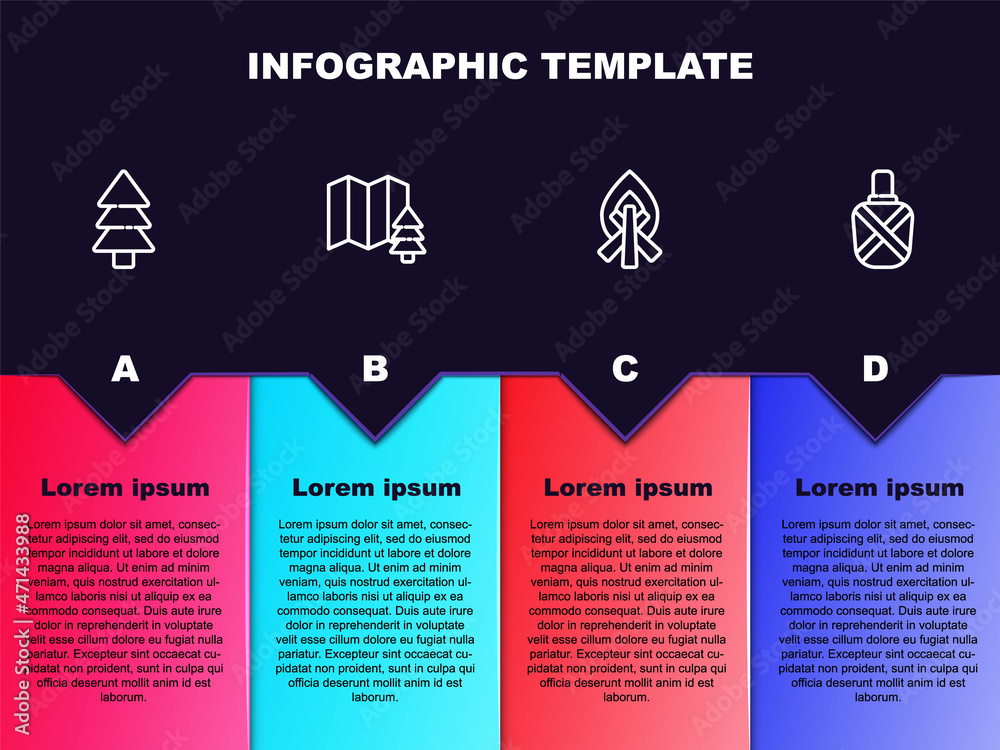 Set line Tree, Location of the forest, Campfire and Canteen water bottle. Business infographic template. Vector