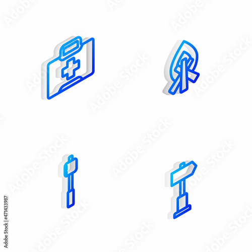 Set Isometric line Campfire, First aid kit, Marshmallow on stick and Road traffic signpost icon. Vector © vector_v