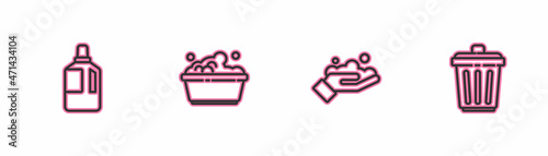 Set line Fabric softener, Washing hands with soap, Plastic basin suds and Trash can icon. Vector