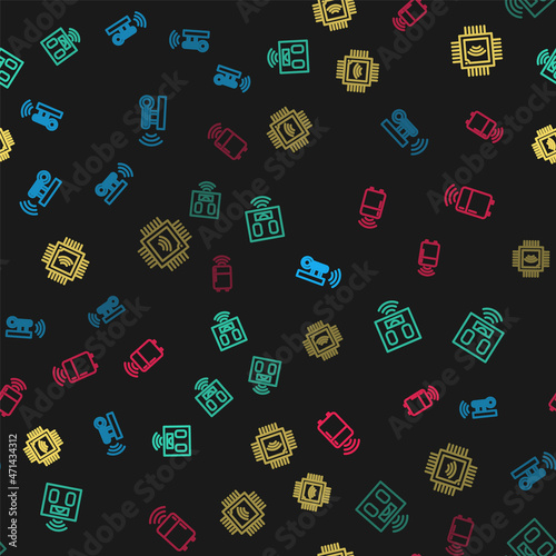 Set line Smart thermometer, bathroom scales, Processor with microcircuits CPU and refrigerator on seamless pattern. Vector