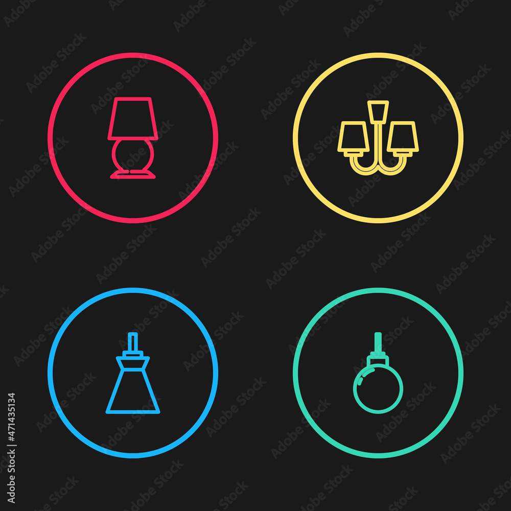 Set line Lamp hanging, , Chandelier and Table lamp icon. Vector