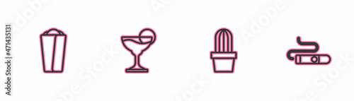 Set line Burrito, Cactus or succulent in pot, Margarita cocktail and Cigar icon. Vector
