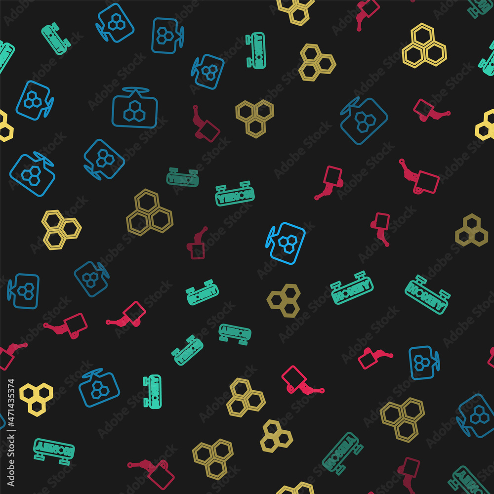Set line Honeycomb bee location, Hanging sign with honeycomb, and dipper stick on seamless pattern. Vector Set line Honeycomb bee location, Hanging sign with honeycomb, and dipper stick on seamless pattern. Vector