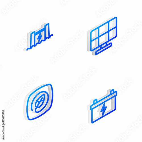 Set Isometric line Solar energy panel, Hydroelectric dam, Location with leaf and Car battery icon. Vector © vector_v