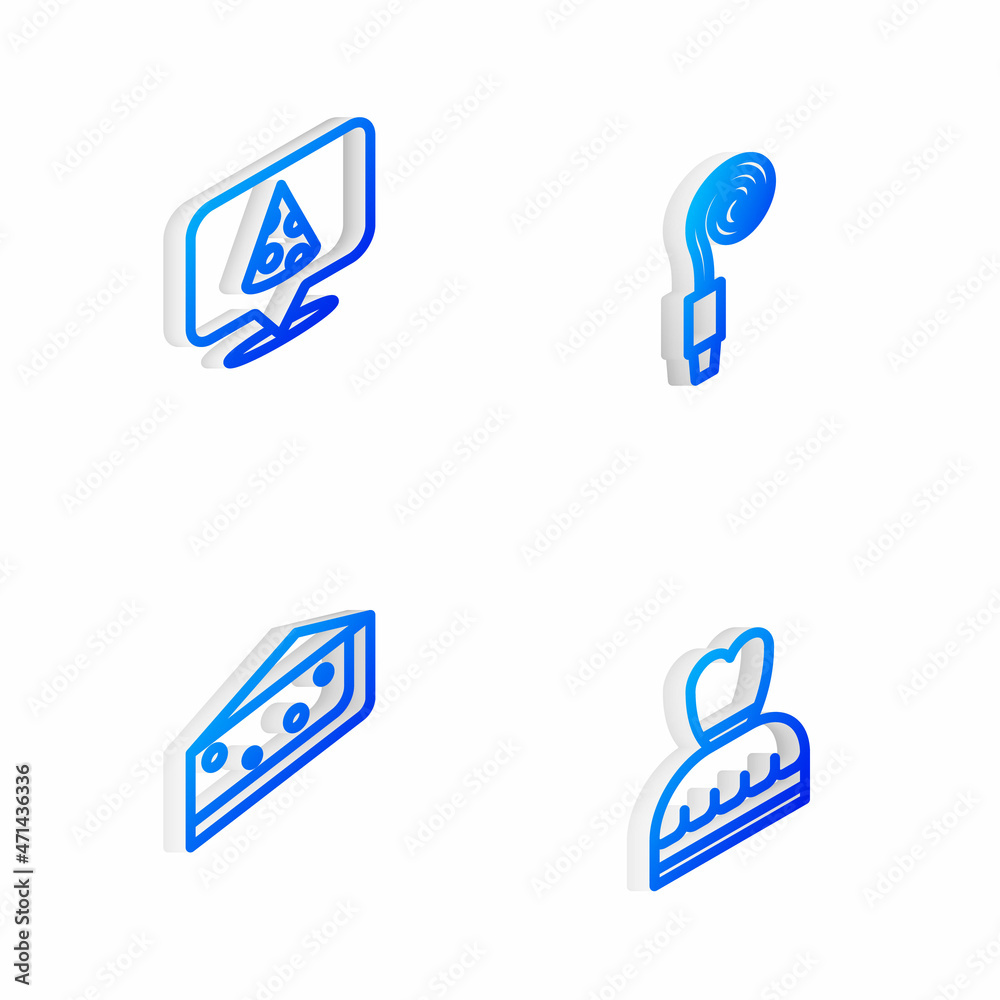 Set Isometric line Birthday party horn, Slice of pizza, Piece cake and Woman dress icon. Vector Set Isometric line Birthday party horn, Slice of pizza, Piece cake and Woman dress icon. Vector