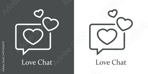 Logotipo con texto Love Chat con burbuja de habla con varios corazones con líneas en fondo gris y fondo blanco