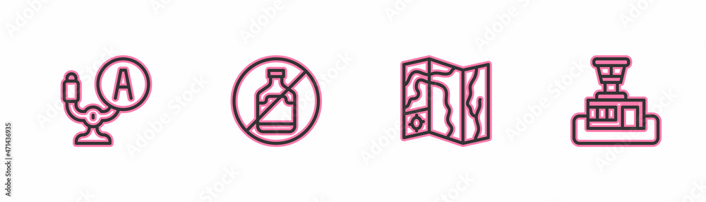 Set line Aircraft steering helm, World travel map, No alcohol and Airport control tower icon. Vector Set line Aircraft steering helm, World travel map, No alcohol and Airport control tower icon. Vector