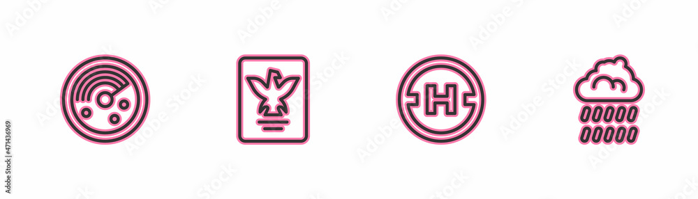 Set line Radar with targets on monitor, Helicopter landing pad, Passport and Cloud rain icon. Vector Set line Radar with targets on monitor, Helicopter landing pad, Passport and Cloud rain icon. Vector