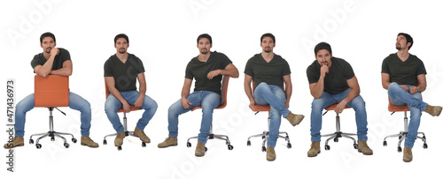 group of same man sitting of front in various poses on white background