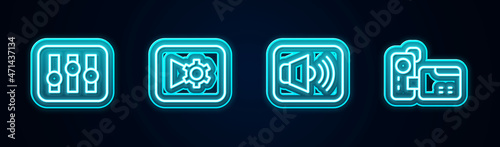 Set line Sound mixer controller, Music or video settings, Speaker volume and Cinema camera. Glowing neon icon. Vector