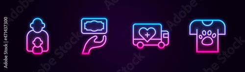 Set line Taking care of children, Donation and charity, Humanitarian truck and Animal volunteer. Glowing neon icon. Vector