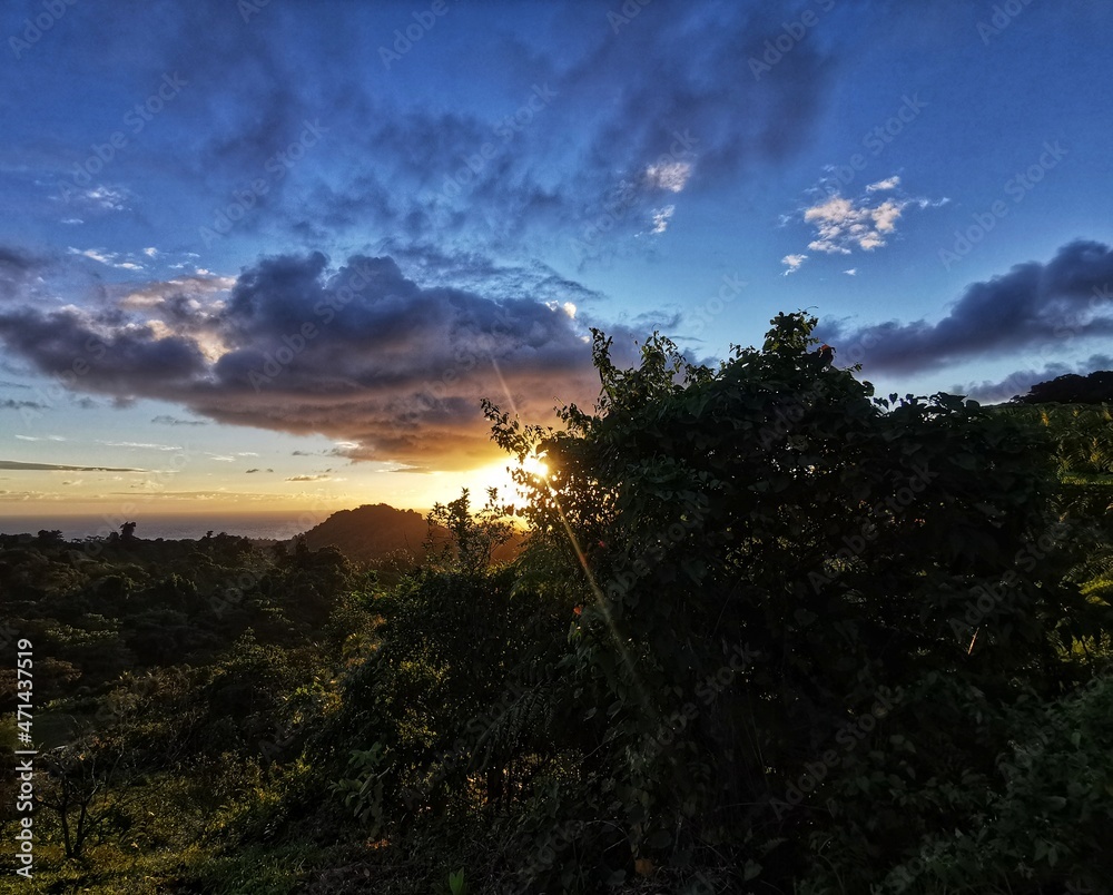View of the sunrise from the Jennings Valley in St. Vincent and the Grenadines.