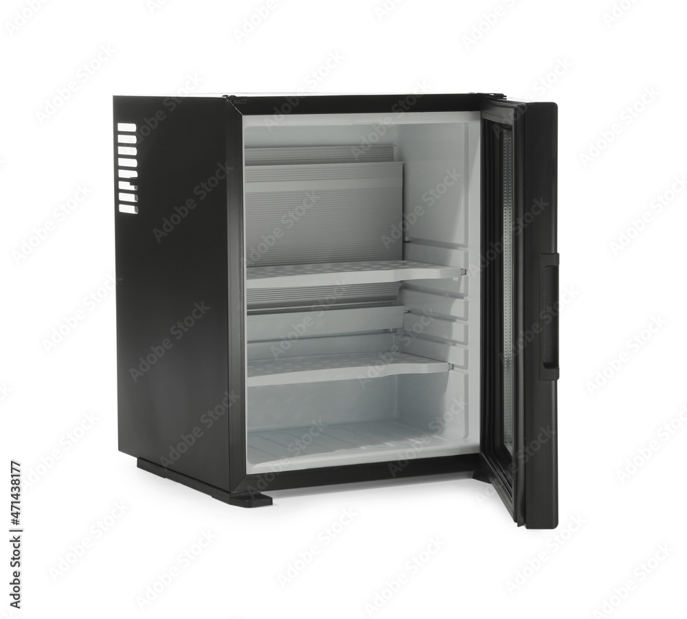 Empty mini bar with open glass door isolated on white