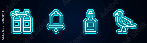Set line Aqualung, Ship bell, Rum bottle and Bird seagull. Glowing neon icon. Vector
