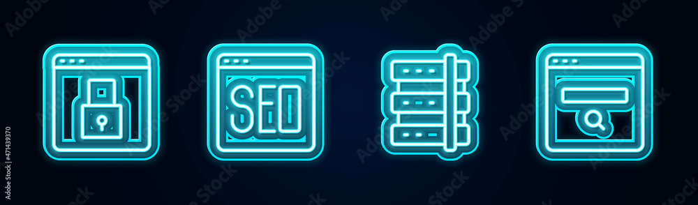 Set line Secure your site with HTTPS, SSL, SEO optimization, Server and Search engine. Glowing neon icon. Vector Set line Secure your site with HTTPS, SSL, SEO optimization, Server and Search engine. Glowing neon icon. Vector