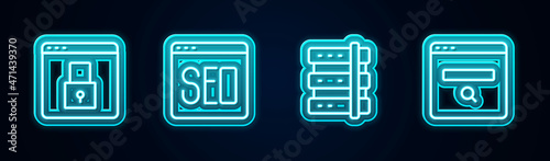 Set line Secure your site with HTTPS, SSL, SEO optimization, Server and Search engine. Glowing neon icon. Vector