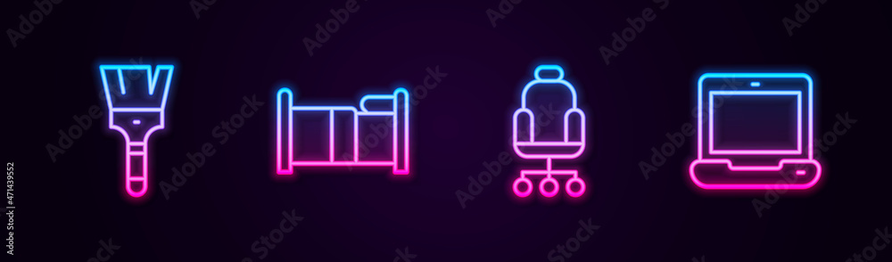 Set line Paint brush, Bed, Office chair and Laptop. Glowing neon icon. Vector Set line Paint brush, Bed, Office chair and Laptop. Glowing neon icon. Vector