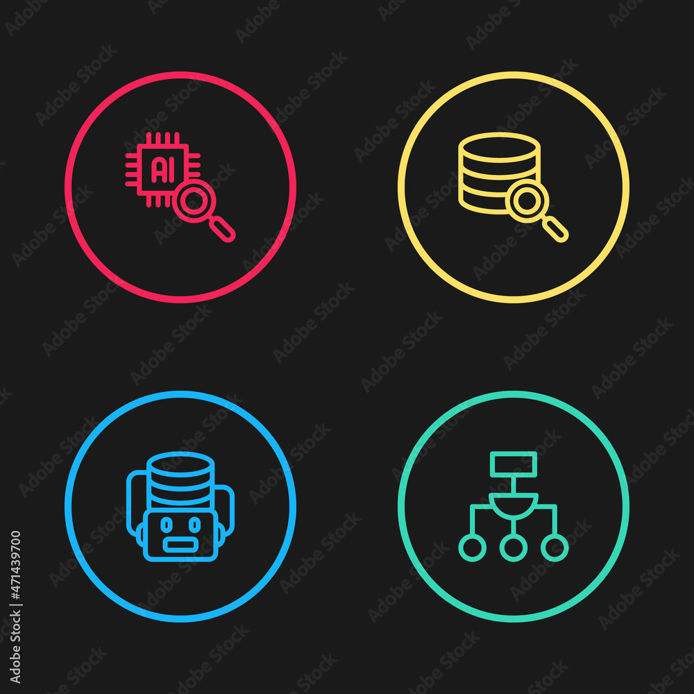 Set line Artificial intelligence robot, Algorithm, Server and Processor CPU icon. Vector Set line Artificial intelligence robot, Algorithm, Server and Processor CPU icon. Vector