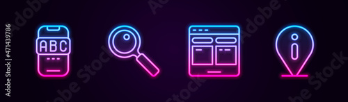 Set line Foreign language online study, Magnifying glass, Online translator and Information. Glowing neon icon. Vector
