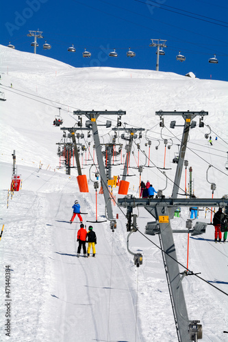 skiers on T-ski lifts and chairlifts, Fiescheralp - ski resort accessible by cable car from Fiesch, UNESCO World Heritage site, Jungfrau-Aletsch Protected Area, Valais, Wallis, Switzerland, Europe