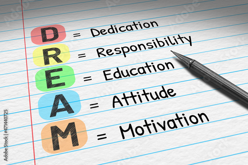 DREAM - Dedication Responsibility Education Attitude Motivation. 3D illustration of business acronym on note pad.