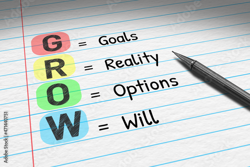 GROW - Goals Reality Options Will. 3D illustration of business acronym on note pad.