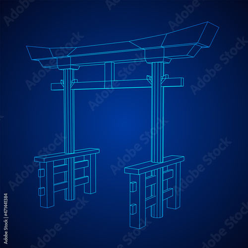 Torii sacred traditional gate. Symbol of Japan,shintoism religion. Japanese Tori arch ancient entrance. Wireframe low poly mesh vector illustration