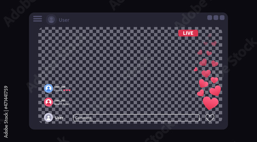 Live stream interface with a lot of likes, appreciations. Stories screen template for mobile application. Vector mock up illustration