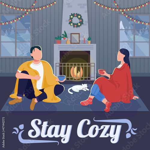 Romantic evening at home social media post mockup. Stay cozy phrase. Web banner design template. Christmas booster, content layout with inscription. Poster, print ads and flat illustration