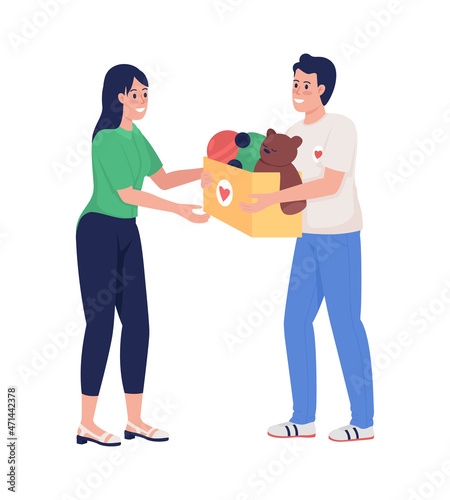 Woman giving to charity semi flat color vector characters. Posing figures. Full body people on white. Humanitarian aid work isolated modern cartoon style illustration for graphic design and animation