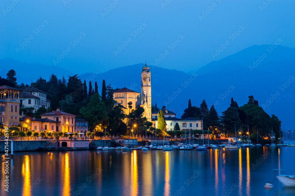 The town of Tremezzina, on Lake Como, photographed in the evening.