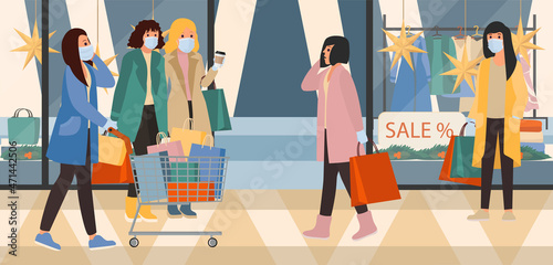 Banner for Christmas sale. Christmas sale concept. People shopping for Christmas holiday. Vector illustration.