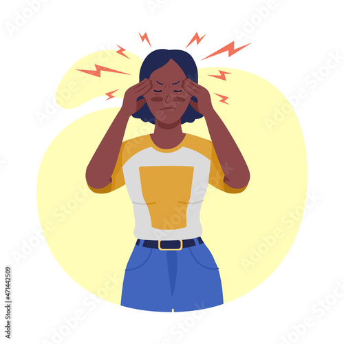 Woman with migraine semi flat color vector character. Posing figure. Full body person on white. Post covid syndrome isolated modern cartoon style illustration for graphic design and animation